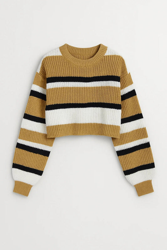 Gebreide Cropped Trui | Gestreept Design met Ronde Hals | Trendy en Comfortabel
