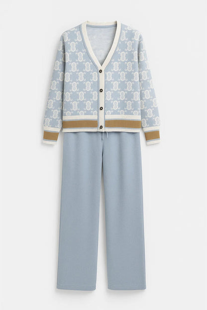 Gebreide Damesset | V-Hals Vest met Patroon en Wijde Broek | Comfortabele Loungewearstijl