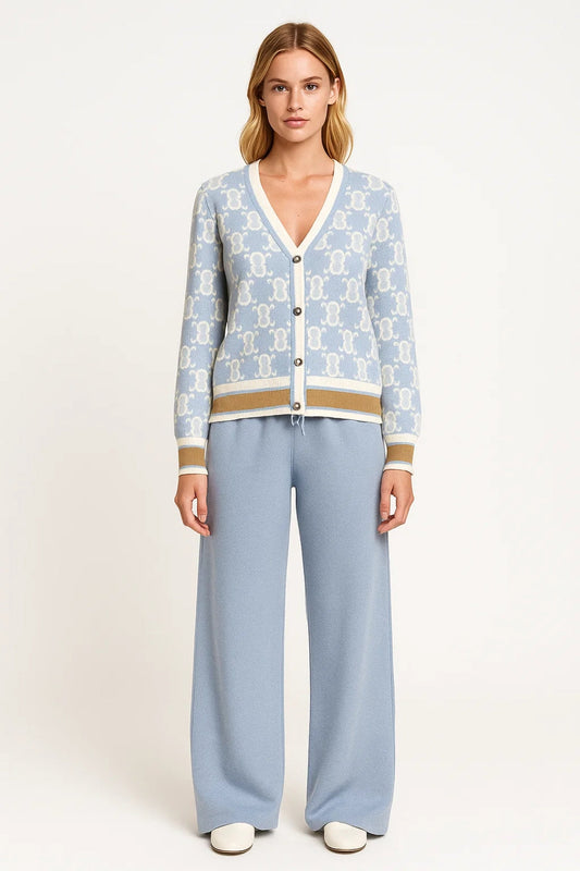 Gebreide Damesset | V-Hals Vest met Patroon en Wijde Broek | Comfortabele Loungewearstijl