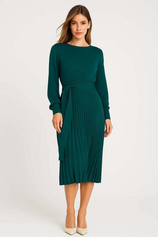 Gebreide Jurk | Lange Mouwen met Plissé Rok | Elegante Taille Accent