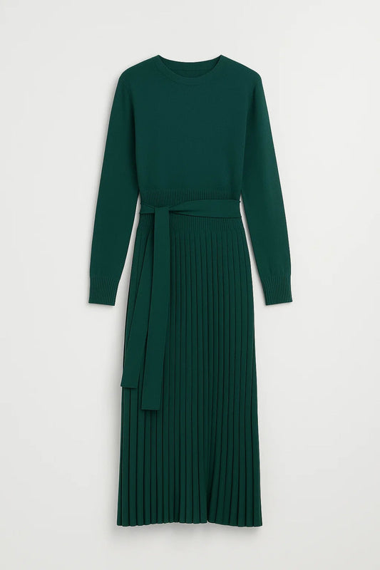 Midi Jurk Dames - Lange Mouwen met Ceintuur en Plissé | Elegant