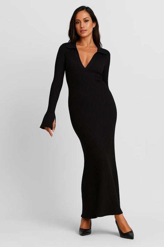 Gebreide Maxi Jurk | Lange Mouwen met Kraag | Elegante Avondstijl
