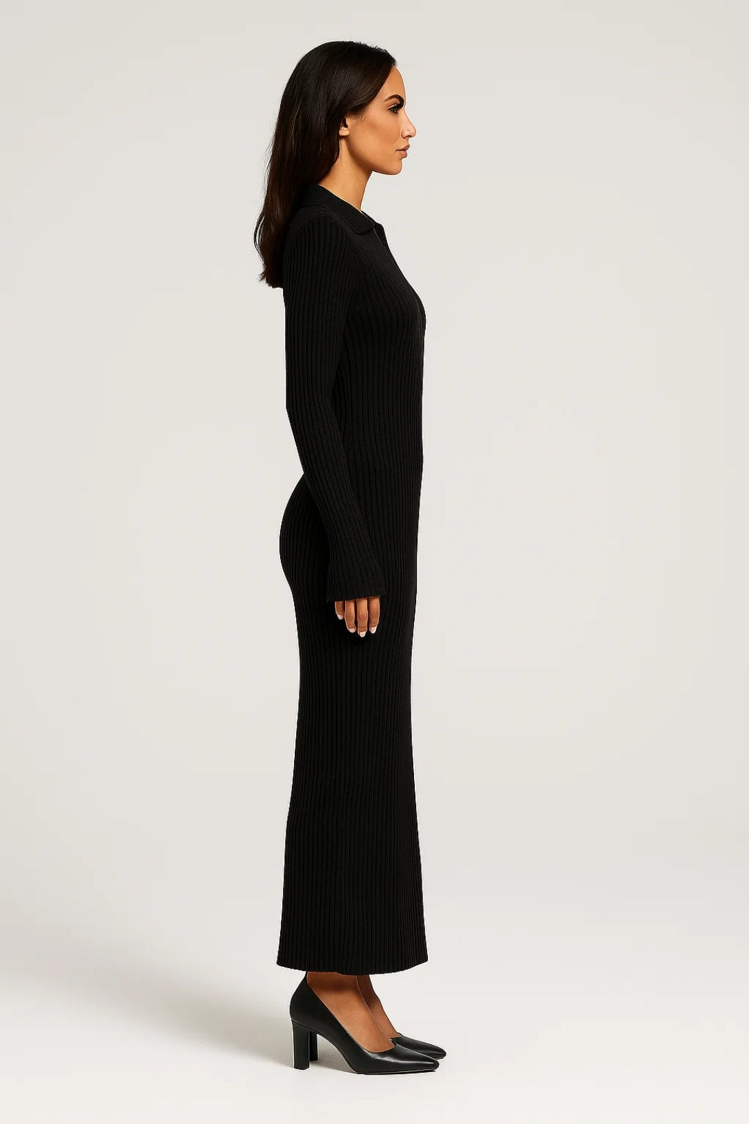 Gebreide Maxi Jurk | Lange Mouwen met Kraag | Elegante Avondstijl