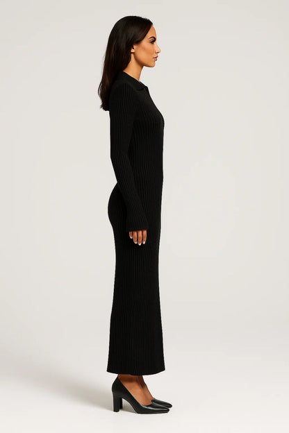 Gebreide Maxi Jurk | Lange Mouwen met Kraag | Elegante Avondstijl