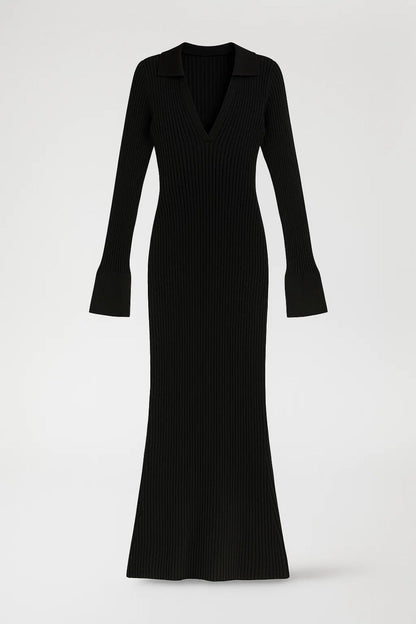 Gebreide Maxi Jurk | Lange Mouwen met Kraag | Elegante Avondstijl
