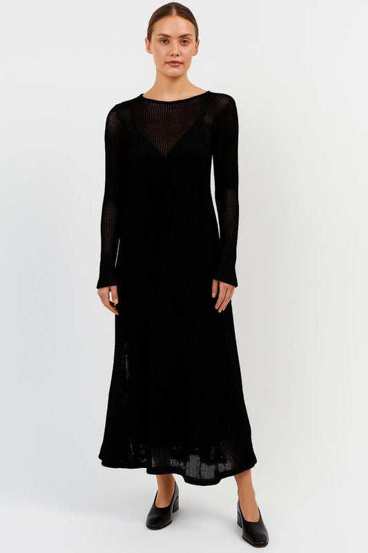 Gebreide Maxi Jurk | Lange Mouwen met Transparante Textuur | Moderne Gelaagde Look