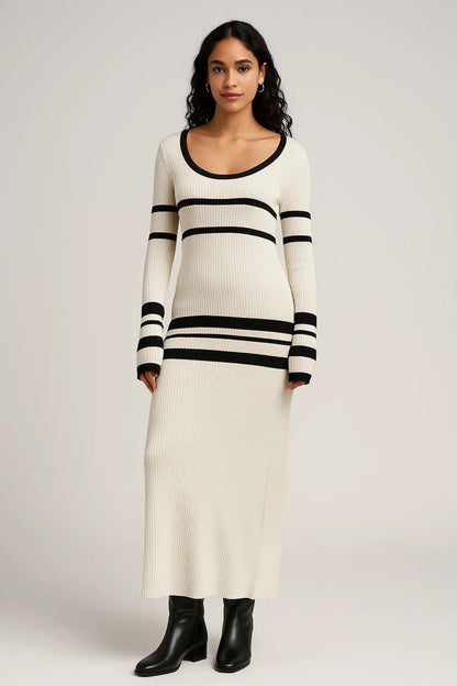 Gebreide Maxi Jurk met Strepen | Ronde Hals en Lange Mouwen | Warm en Comfortabel