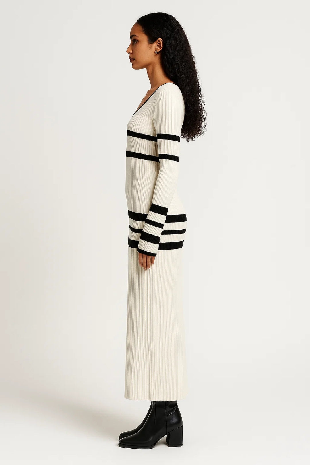 Gebreide Maxi Jurk met Strepen | Ronde Hals en Lange Mouwen | Warm en Comfortabel