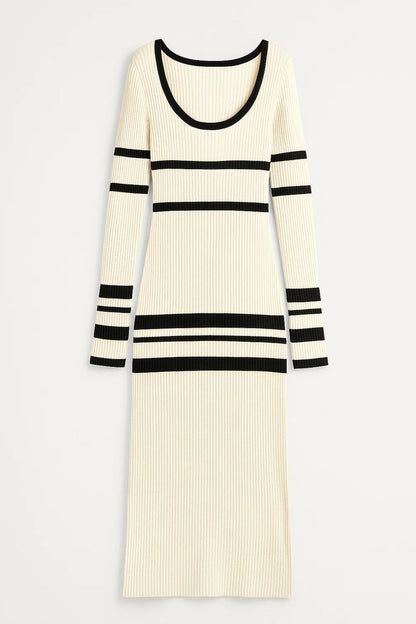 Gebreide Maxi Jurk met Strepen | Ronde Hals en Lange Mouwen | Warm en Comfortabel