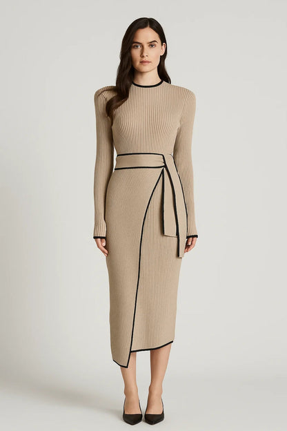 Gebreide Midi Jurk | Lange Mouwen met Contrastrand | Elegante Wraplook