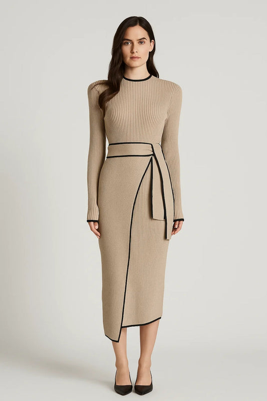 Gebreide Midi Jurk | Lange Mouwen met Contrastrand | Elegante Wraplook