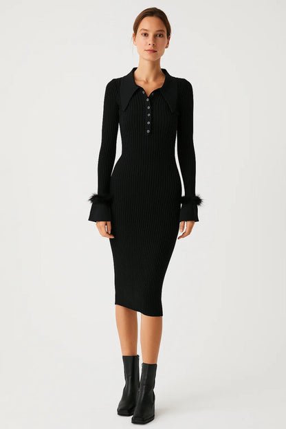 Gebreide Midi Jurk met Kraag | Geribde Structuur en Fijne Manchetdetails | Warm en Elegant