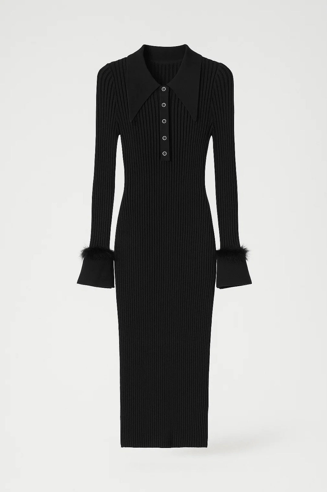 Gebreide Midi Jurk met Kraag | Geribde Structuur en Fijne Manchetdetails | Warm en Elegant