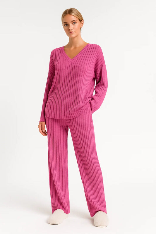 Geribbelde Lounge Set | Comfort Fit Met V-Hals | Zacht en Casual