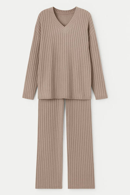Geribbelde Lounge Set | Comfort Fit Met V-Hals | Zacht en Casual