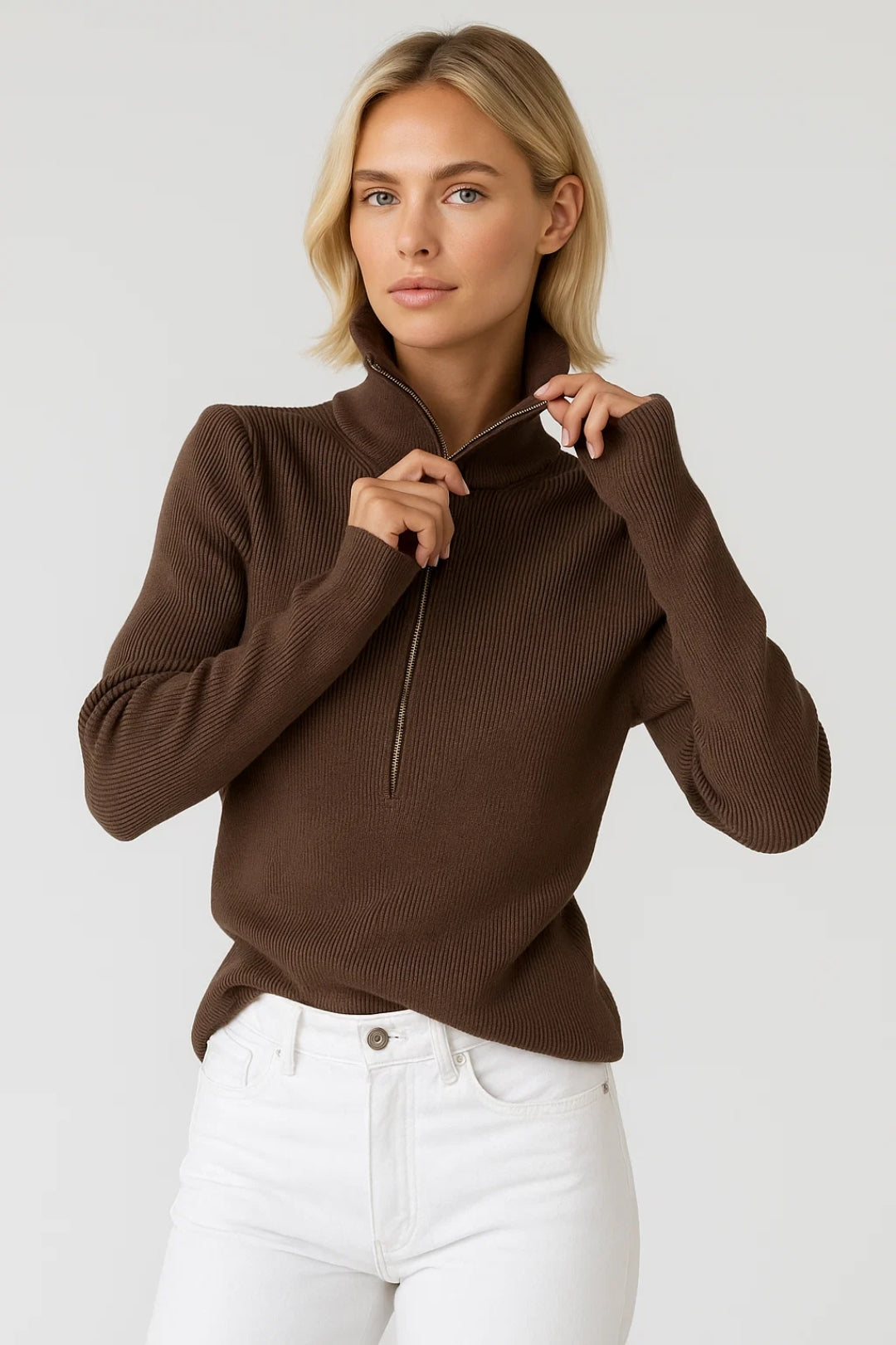Geribbelde Trui | Halfhoge Kraag met Rits | Comfort en Warmte
