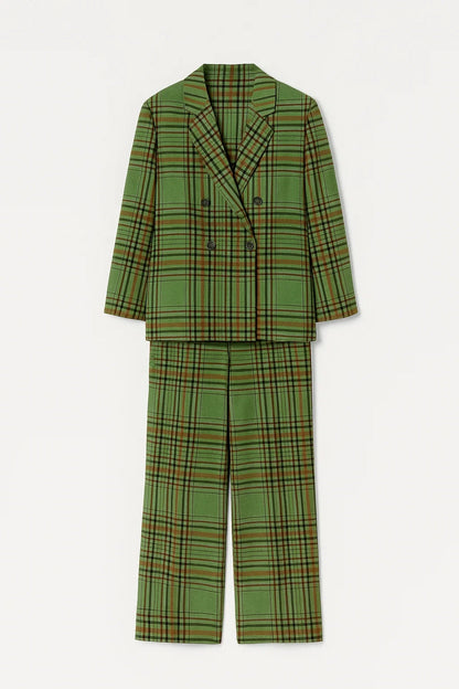 Geruit Pak | Dubbel­rijige Blazer | Rechte Broek met Hoge Taille