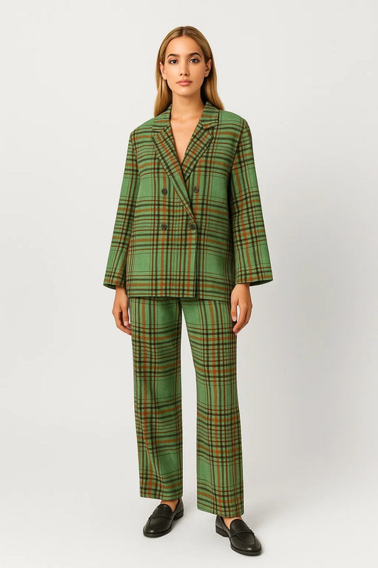 Geruit Pak | Dubbel­rijige Blazer | Rechte Broek met Hoge Taille
