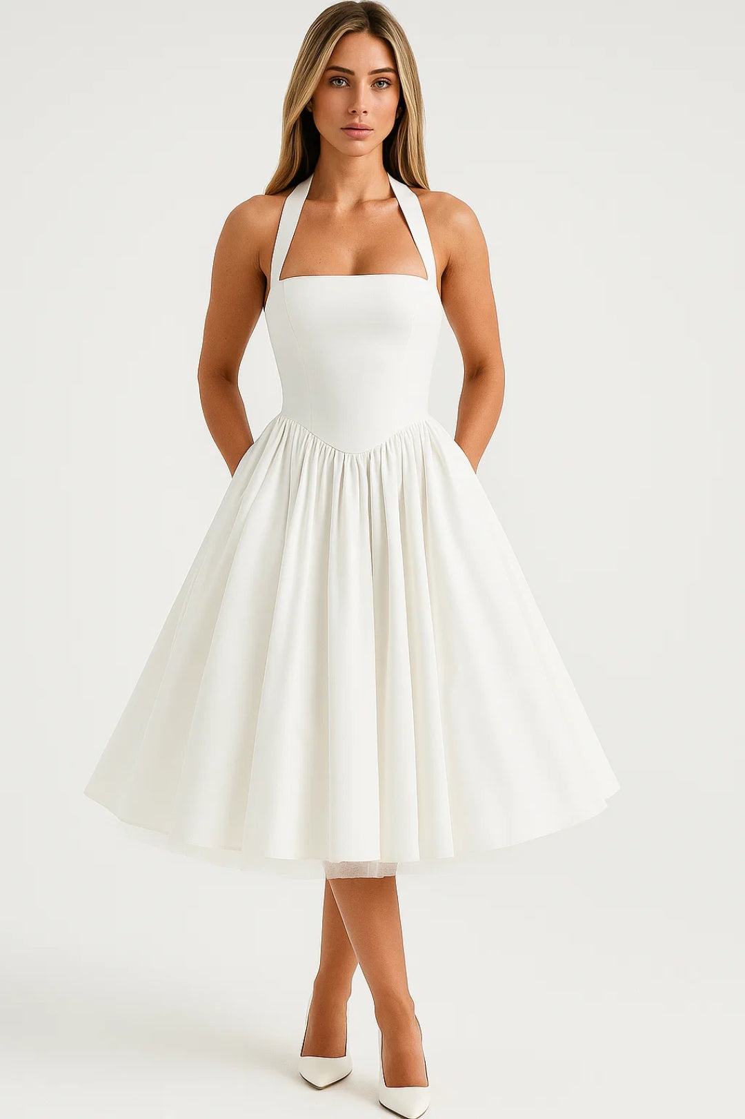 Halterjurk met Volle Rok | Vintage Silhouet | Elegante Midi Snit