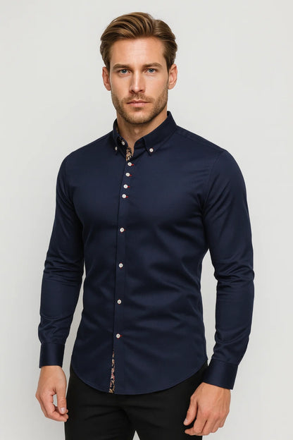 Overhemd Heren - Slim Fit Button-Down met Bloemen Binnenkraag | Casual