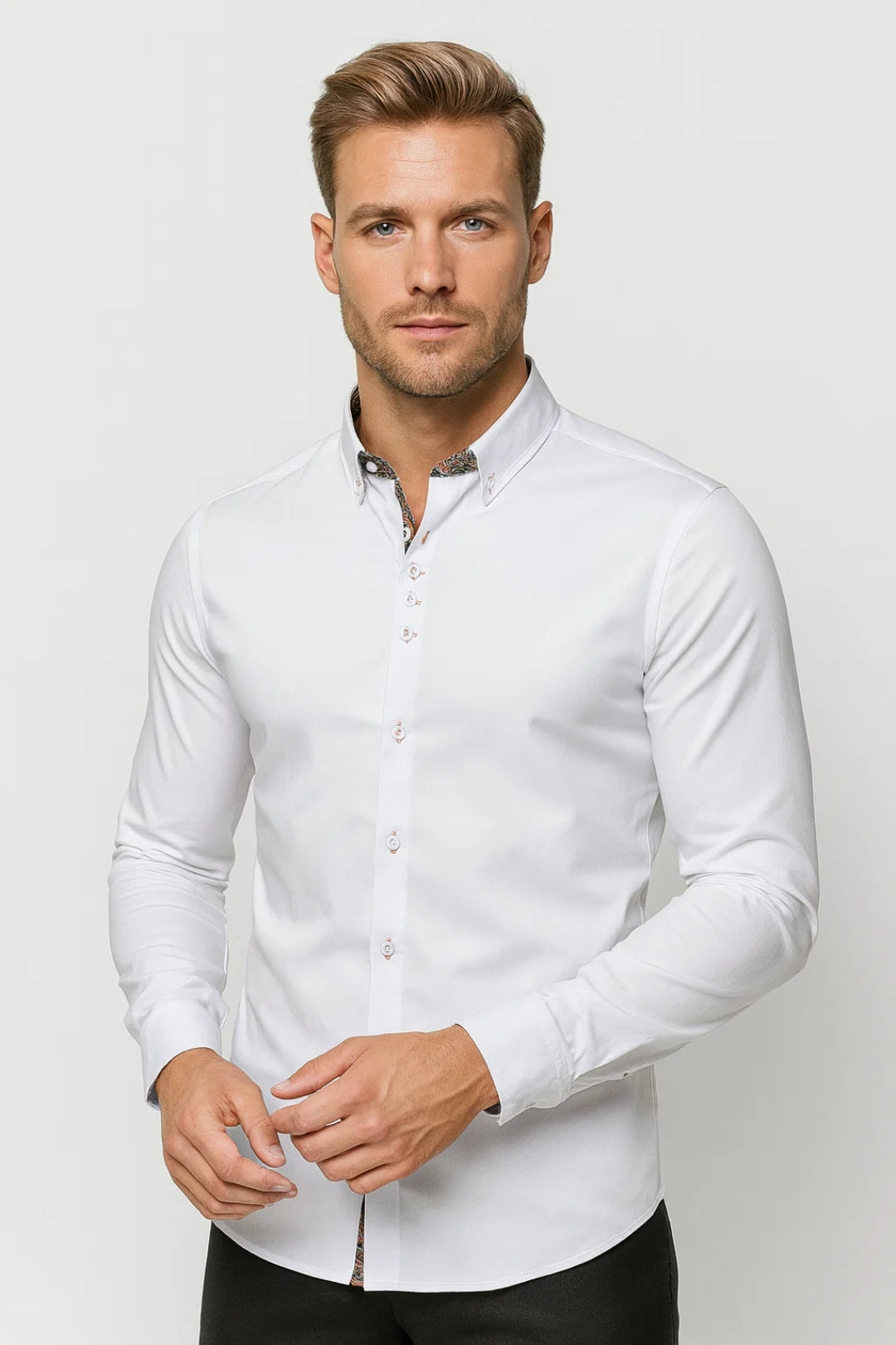 Overhemd Heren - Slim Fit Button-Down met Bloemen Binnenkraag | Casual