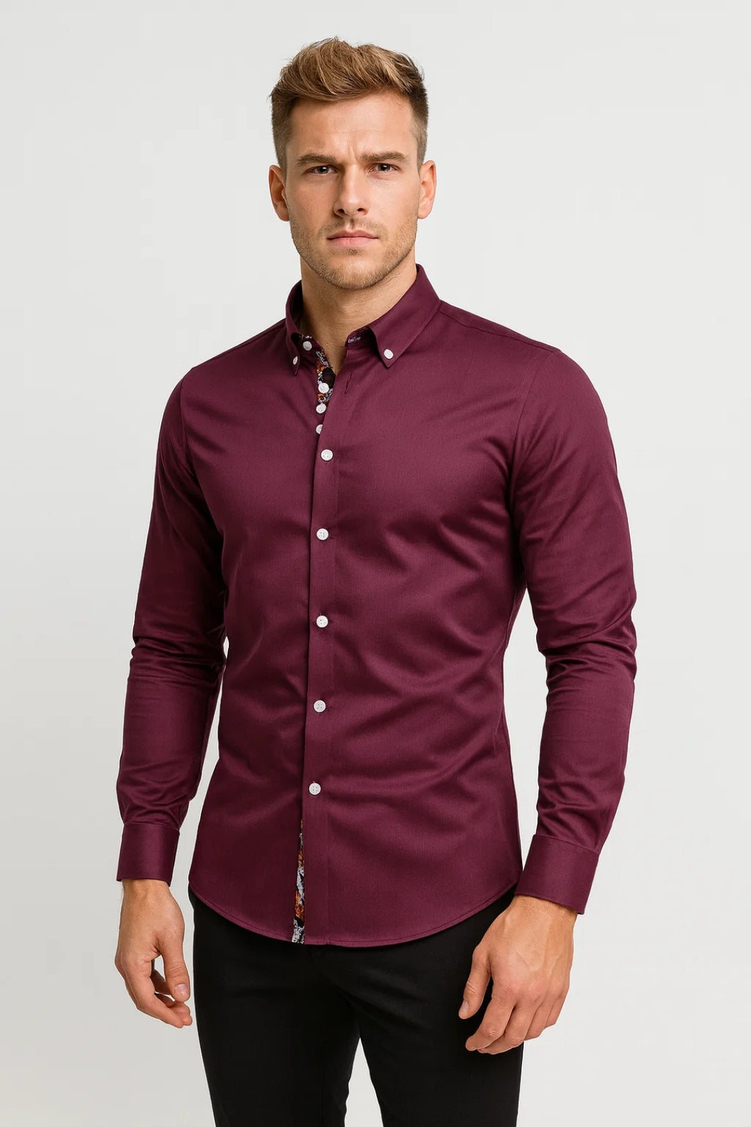 Overhemd Heren - Slim Fit Button-Down met Bloemen Binnenkraag | Casual