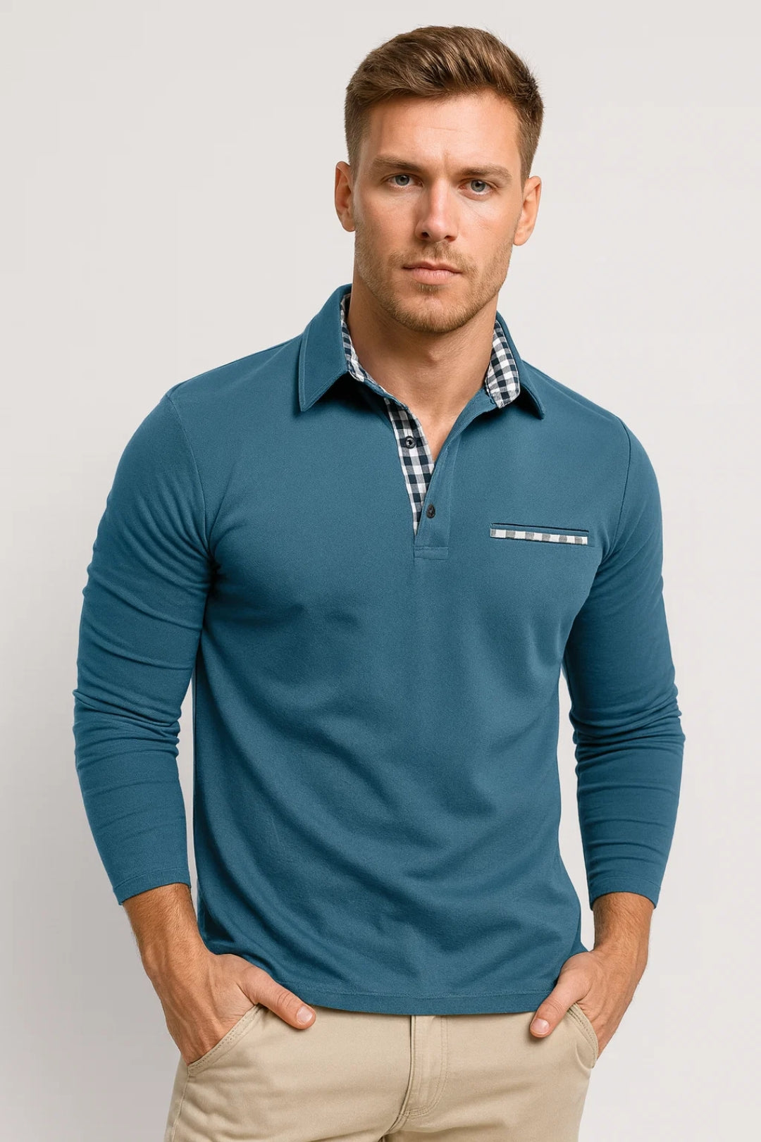 Polo Heren - Regular Fit Lange Mouw met Geruite Binnenkraag | Casual