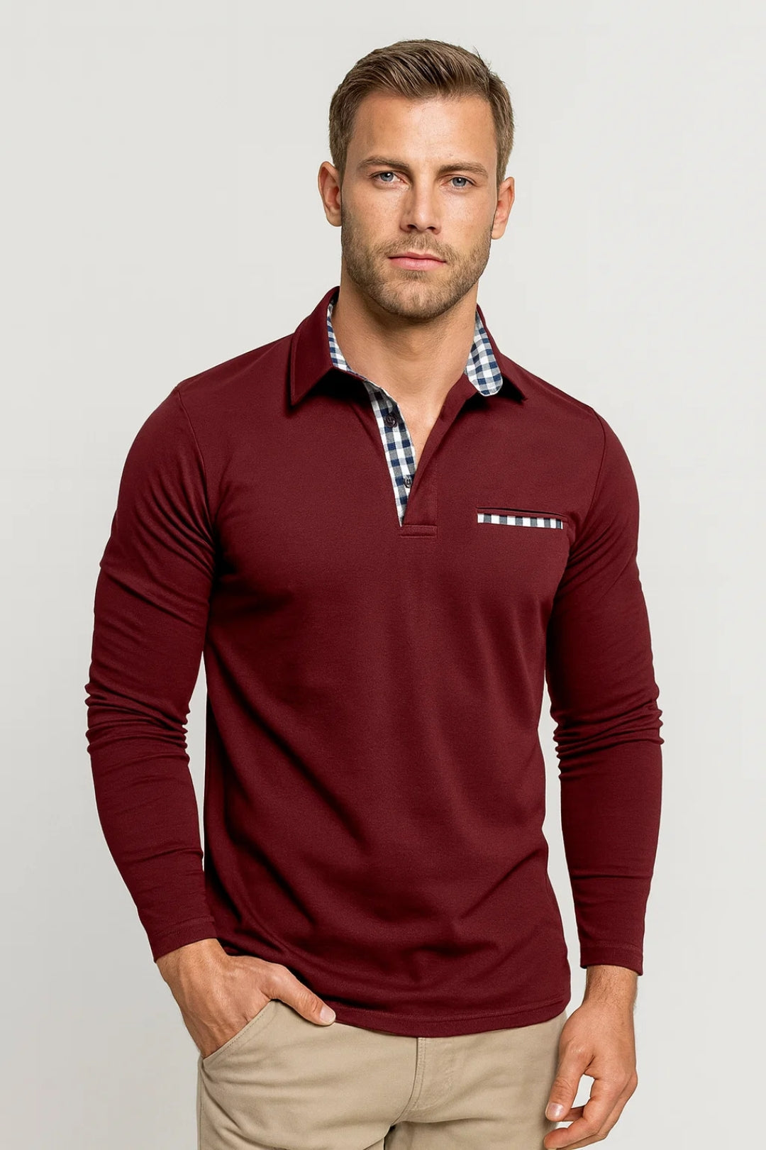 Polo Heren - Regular Fit Lange Mouw met Geruite Binnenkraag | Casual