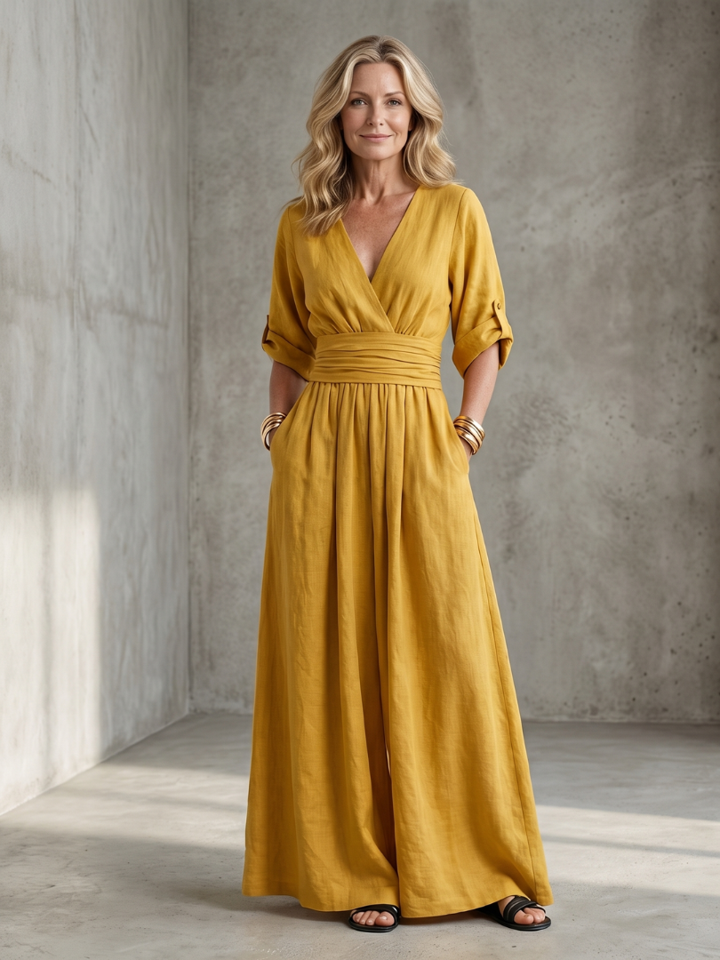 Ira - Elegante Linnen Jumpsuit Dames met Wikkeldecolleté en Brede Tailleband