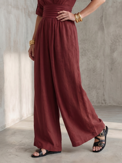 Ira - Elegante Linnen Jumpsuit Dames met Wikkeldecolleté en Brede Tailleband