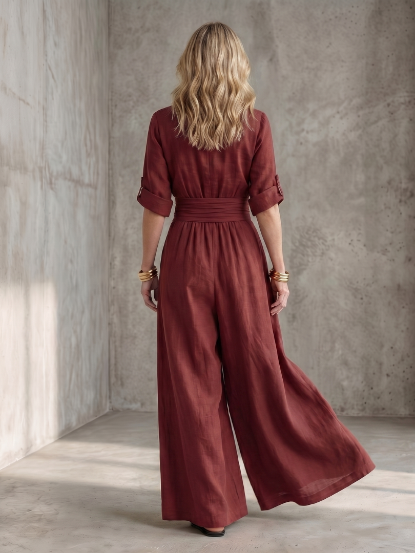 Ira - Elegante Linnen Jumpsuit Dames met Wikkeldecolleté en Brede Tailleband