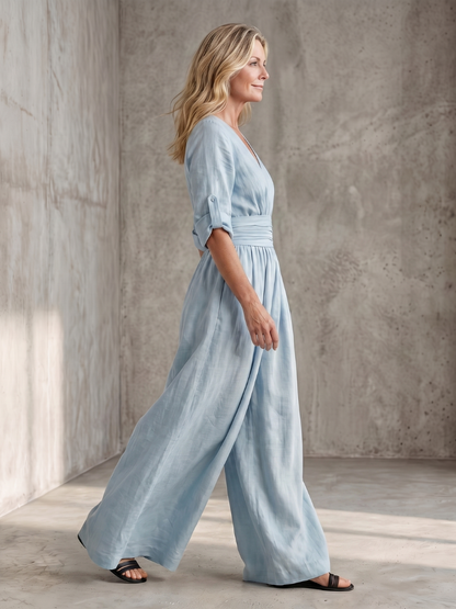 Ira - Elegante Linnen Jumpsuit Dames met Wikkeldecolleté en Brede Tailleband
