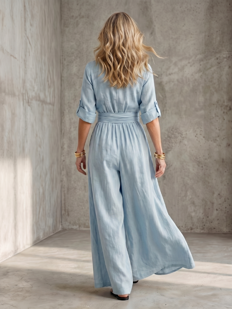 Ira - Elegante Linnen Jumpsuit Dames met Wikkeldecolleté en Brede Tailleband
