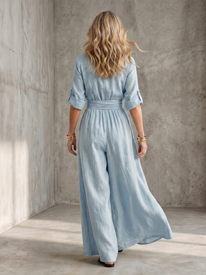 Ira - Elegante Linnen Jumpsuit Dames met Wikkeldecolleté en Brede Tailleband