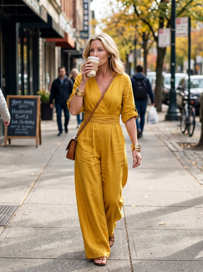 Ira - Elegante Linnen Jumpsuit Dames met Wikkeldecolleté en Brede Tailleband
