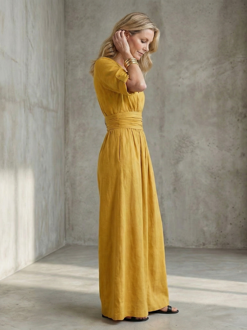 Ira - Elegante Linnen Jumpsuit Dames met Wikkeldecolleté en Brede Tailleband