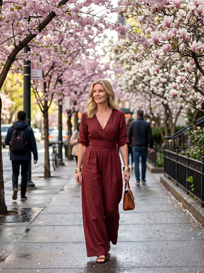 Ira - Elegante Linnen Jumpsuit Dames met Wikkeldecolleté en Brede Tailleband