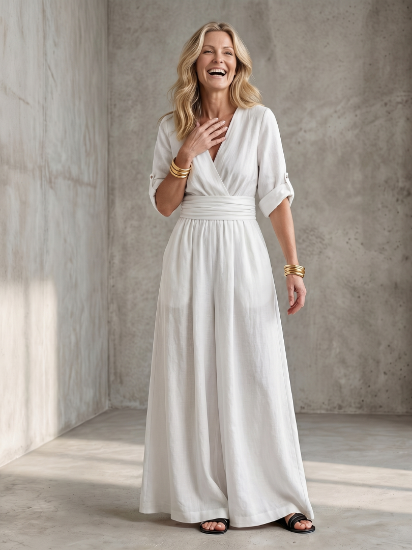 Ira - Elegante Linnen Jumpsuit Dames met Wikkeldecolleté en Brede Tailleband
