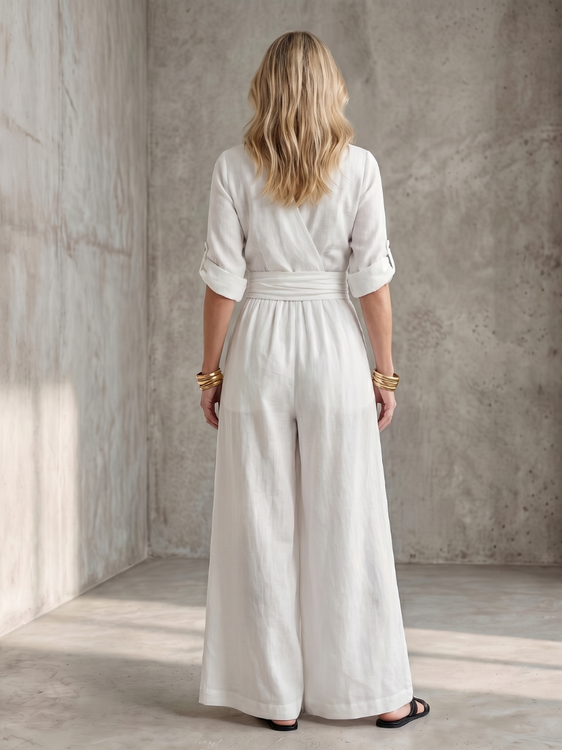 Ira - Elegante Linnen Jumpsuit Dames met Wikkeldecolleté en Brede Tailleband