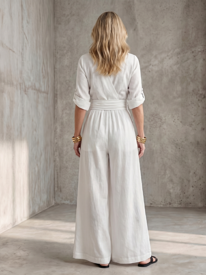 Ira - Elegante Linnen Jumpsuit Dames met Wikkeldecolleté en Brede Tailleband