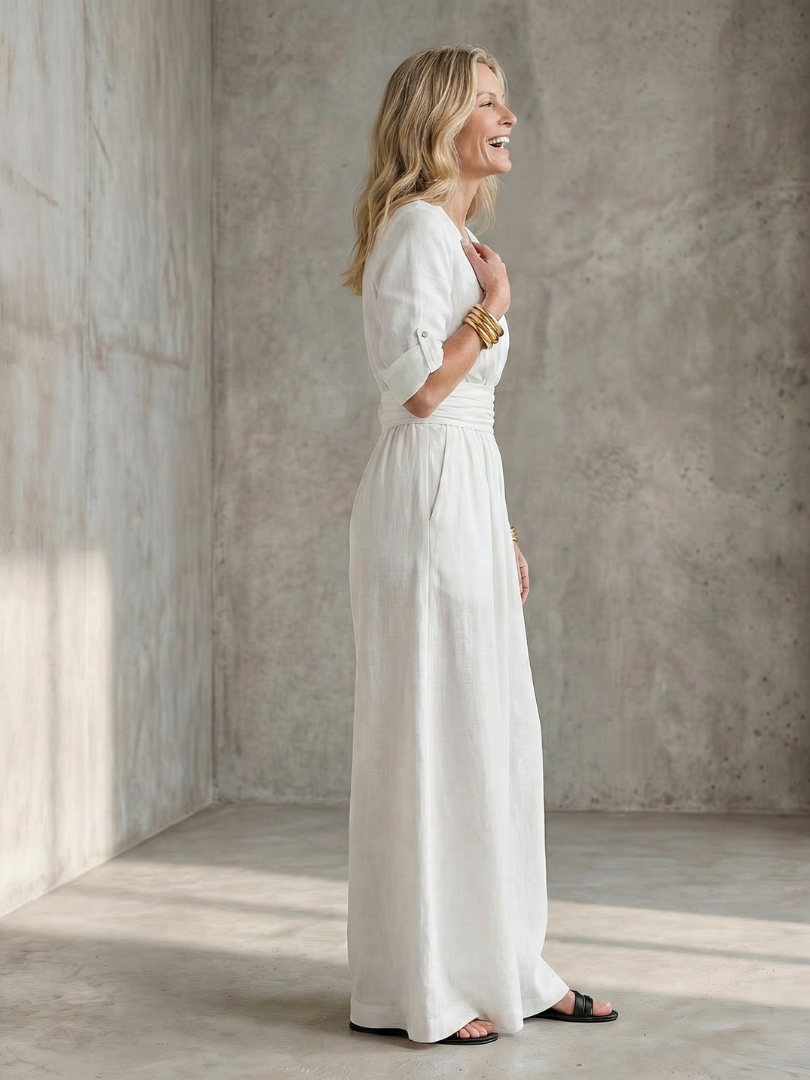 Ira - Elegante Linnen Jumpsuit Dames met Wikkeldecolleté en Brede Tailleband