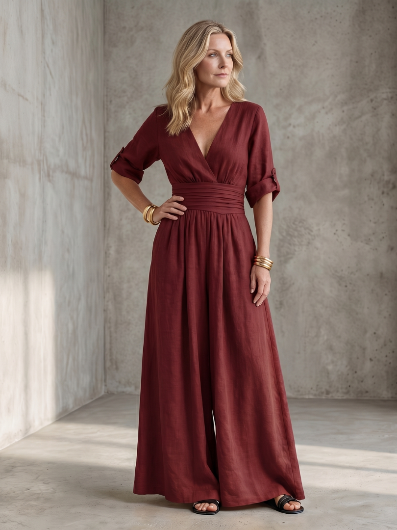 Ira - Elegante Linnen Jumpsuit Dames met Wikkeldecolleté en Brede Tailleband