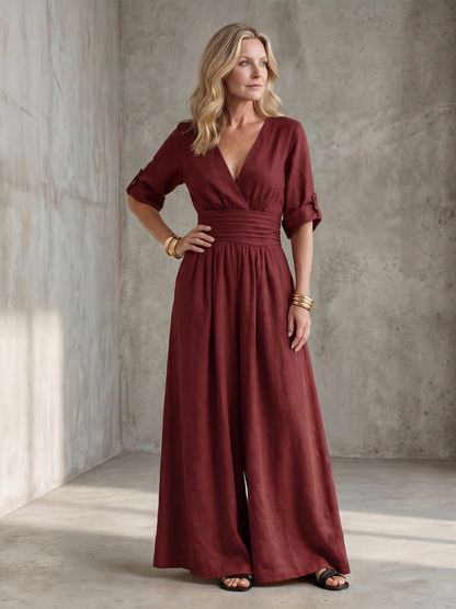 Ira - Elegante Linnen Jumpsuit Dames met Wikkeldecolleté en Brede Tailleband