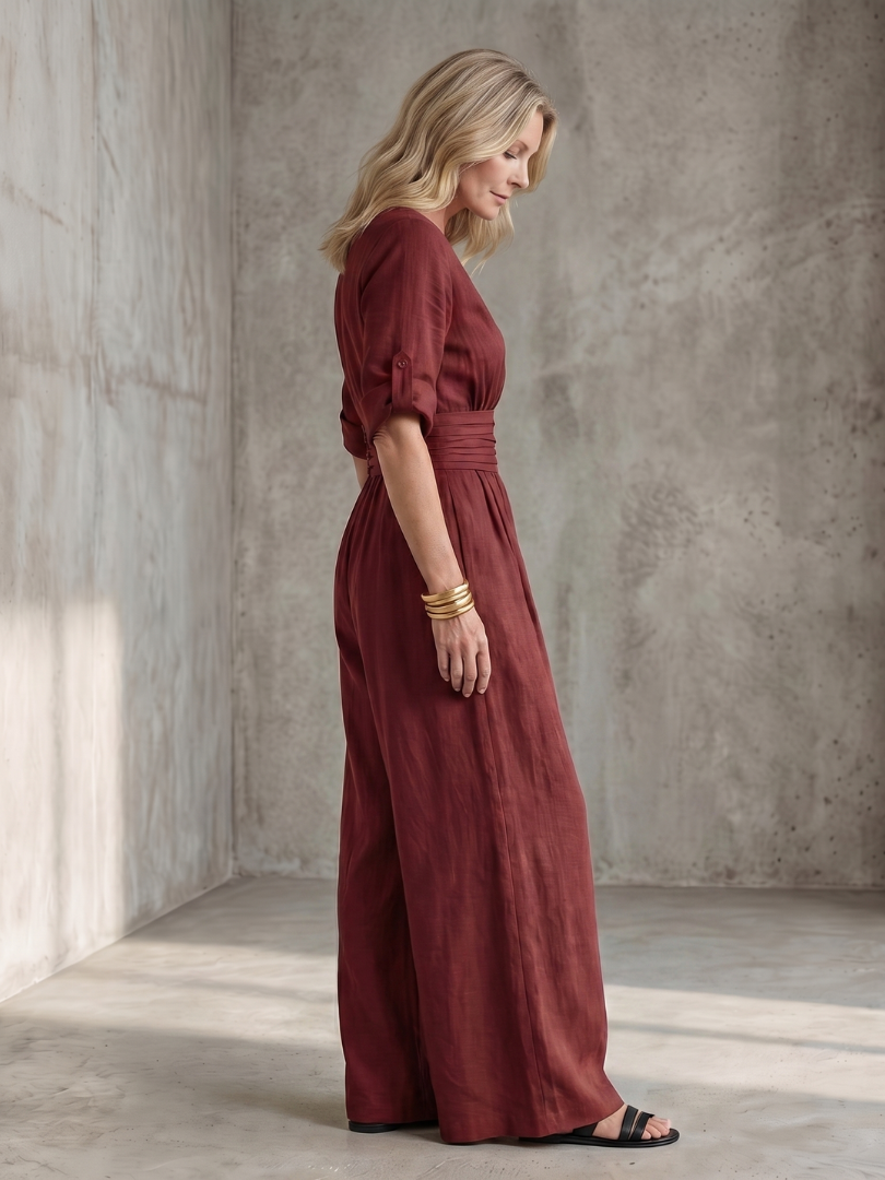 Ira - Elegante Linnen Jumpsuit Dames met Wikkeldecolleté en Brede Tailleband