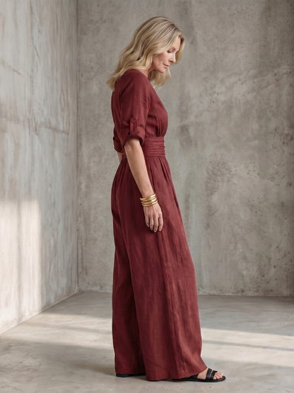 Ira - Elegante Linnen Jumpsuit Dames met Wikkeldecolleté en Brede Tailleband
