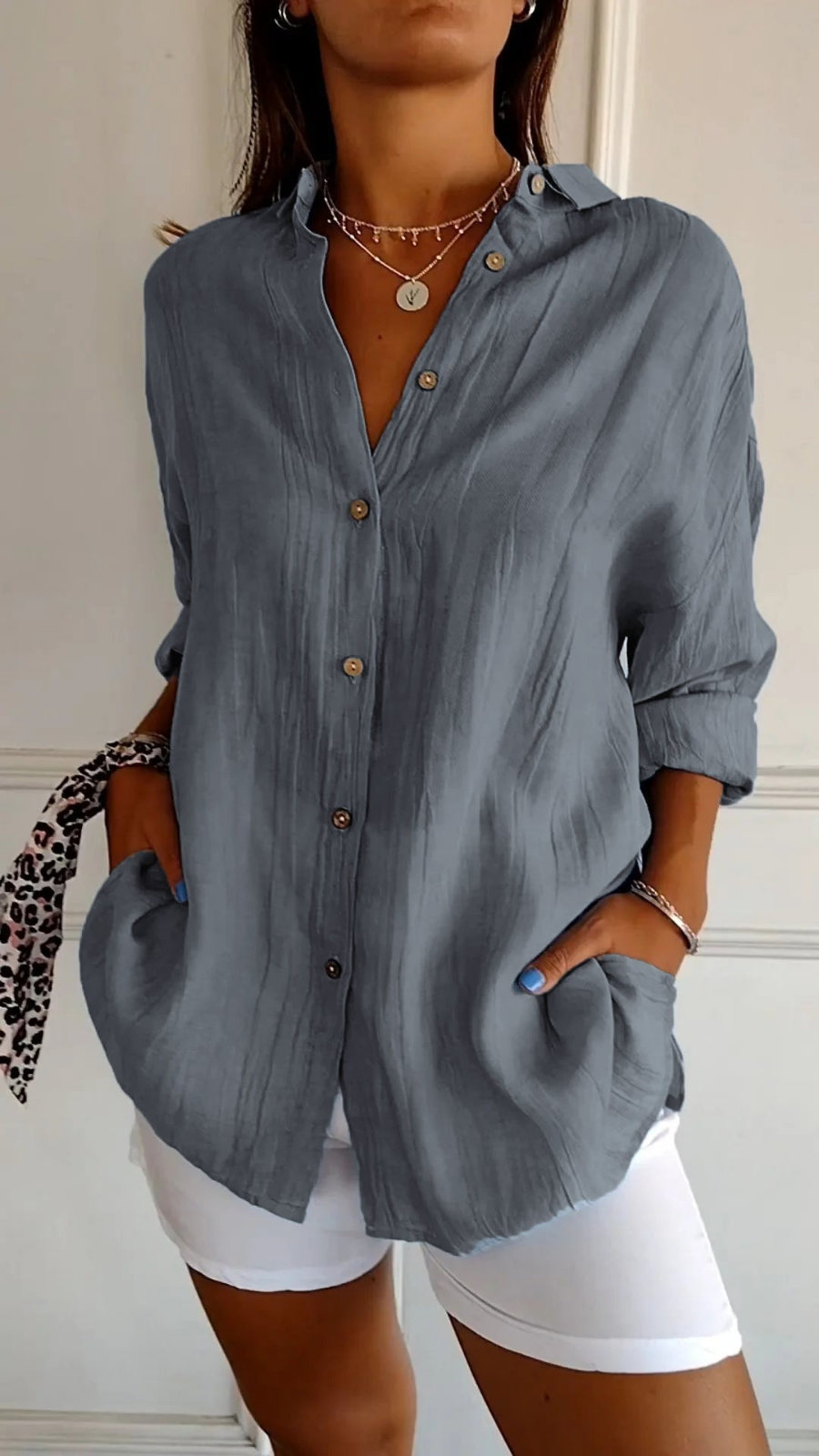 Iris - Casual Linnen Blouse Dames met Knopen en Zakken
