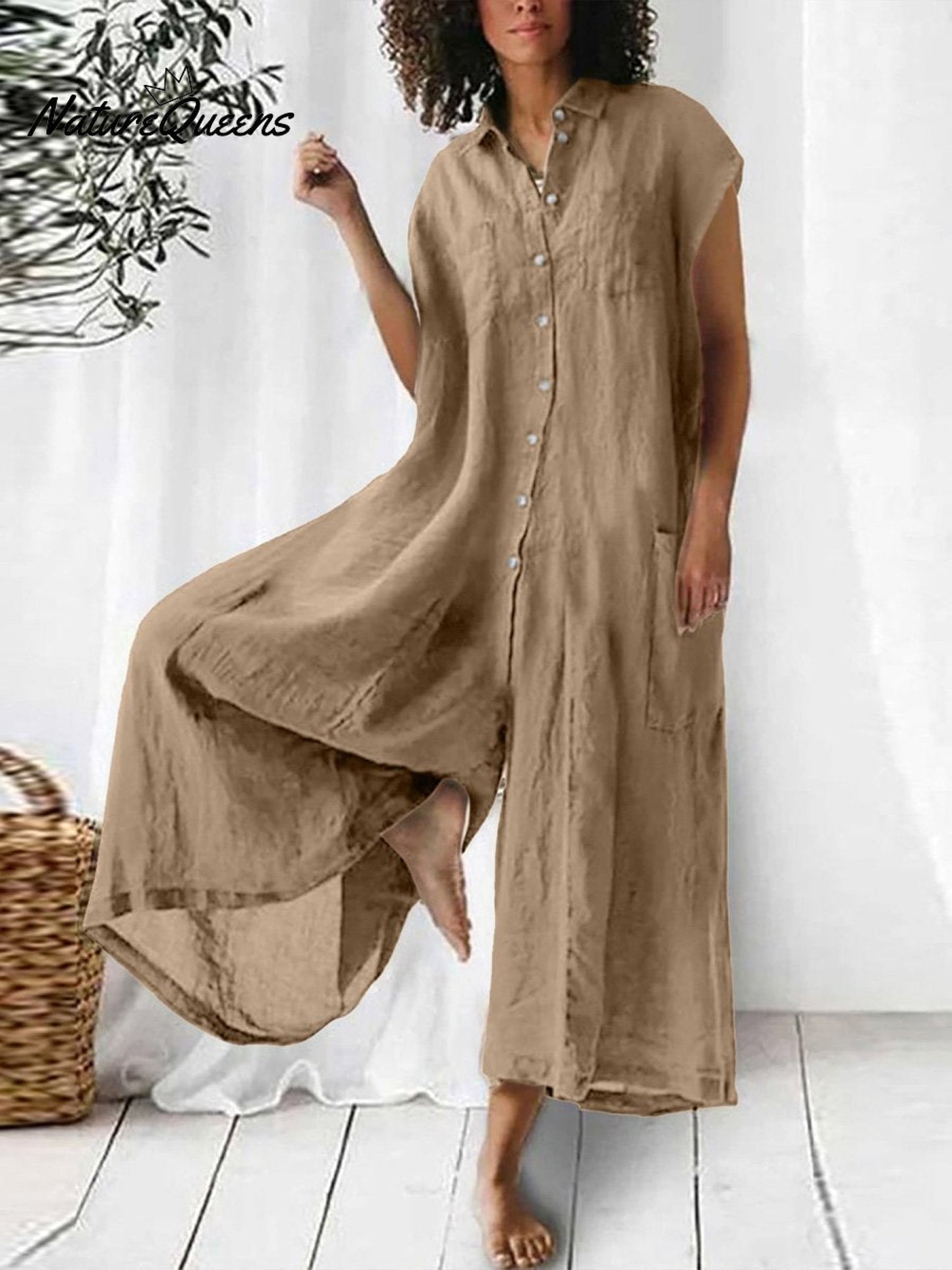 Iris - Casual Linnen Jumpsuit Dames met Knoopsluiting en Asymmetrische Zoom