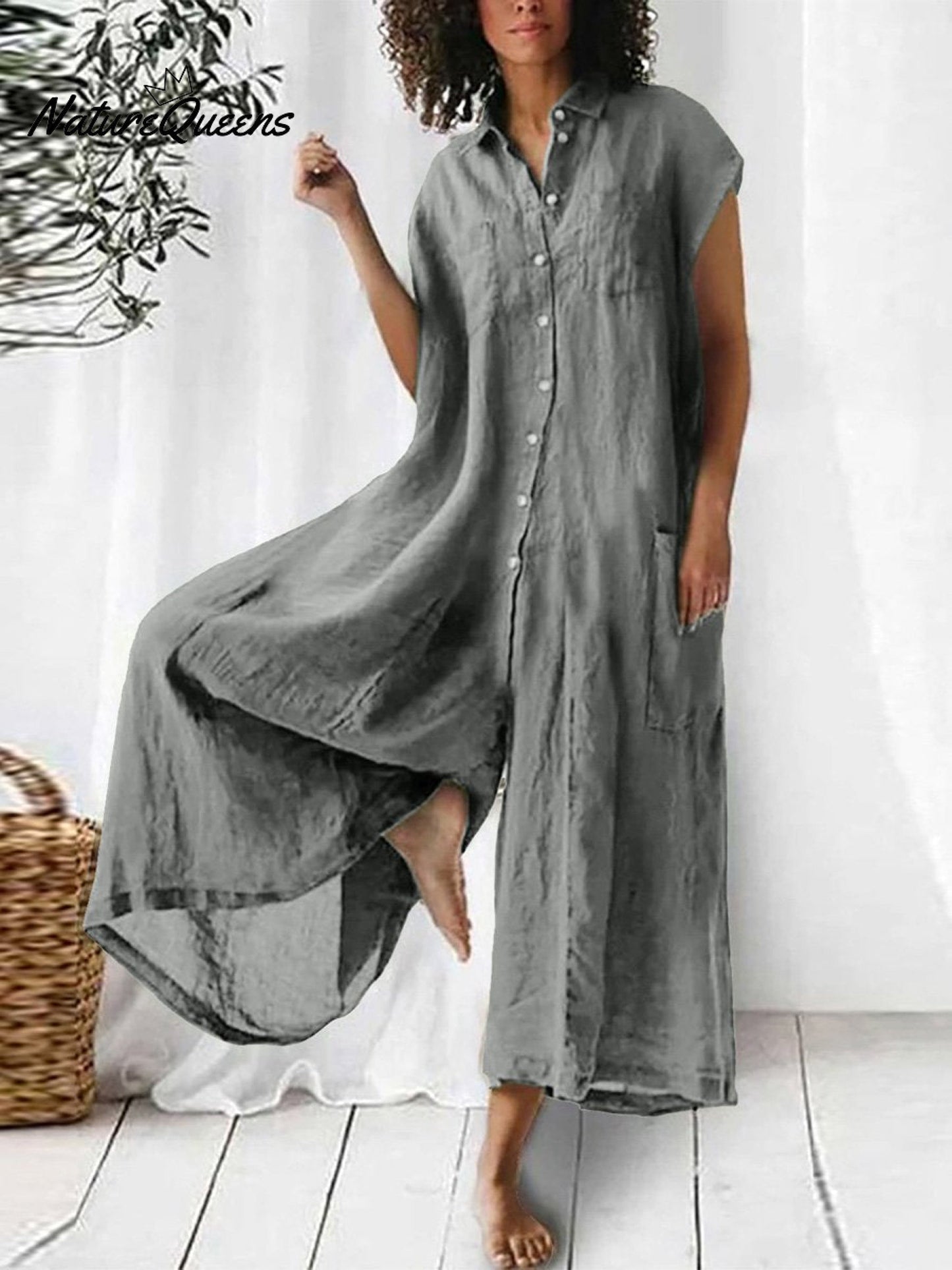 Iris - Casual Linnen Jumpsuit Dames met Knoopsluiting en Asymmetrische Zoom