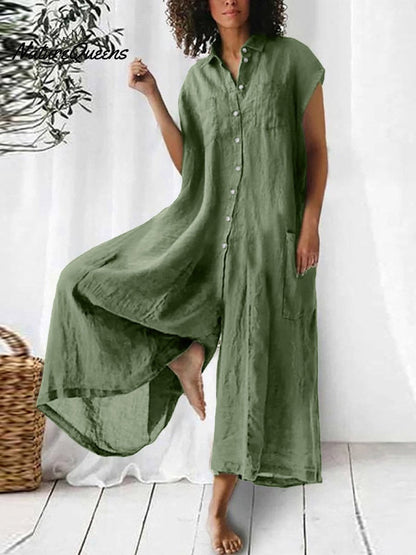 Iris - Casual Linnen Jumpsuit Dames met Knoopsluiting en Asymmetrische Zoom
