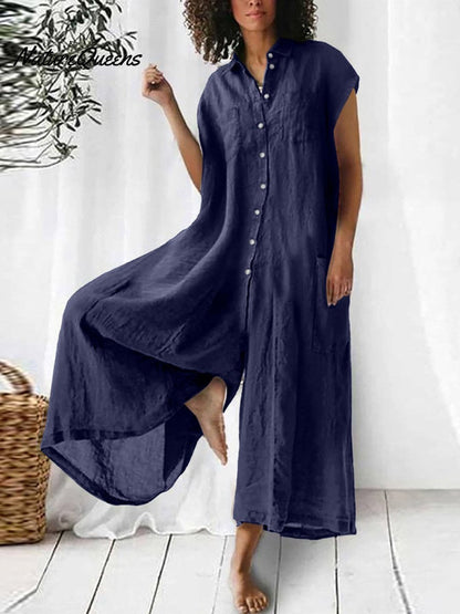 Iris - Casual Linnen Jumpsuit Dames met Knoopsluiting en Asymmetrische Zoom